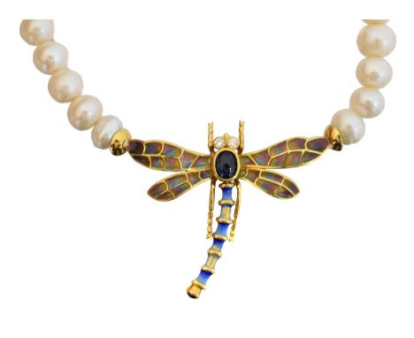 A cultured pearl, enamel and gem-set necklace, A cultured pearl, enamel and gem-set necklace, the diamond, sapphire and ename