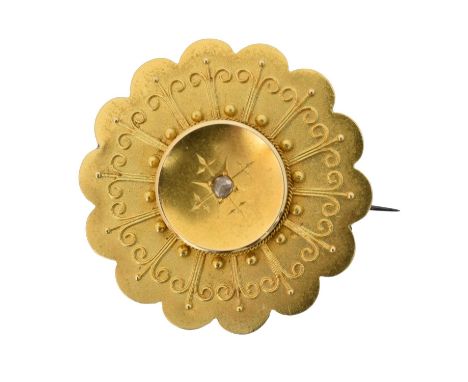 A Victorian Etruscan brooch, A Victorian Etruscan brooch, the rose cut diamond inset to the wirework and beaded surround, wit