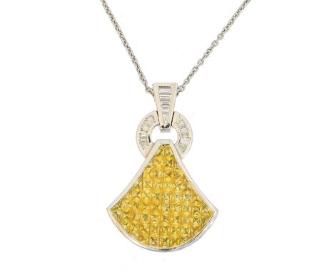 A sapphire and diamond pendant, A sapphire and diamond pendant, the square and calibre cut yellow sapphire fan with a baguett