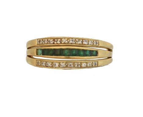 A sapphire, emerald and diamond band ring,  A sapphire, emerald and diamond band ring, of hinged design, stamped 750, ring si