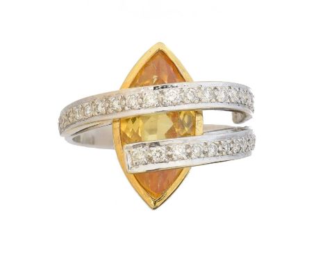 A citrine and diamond dress ring, A citrine and diamond dress ring, the marquise shape citrine within a brilliant cut diamond