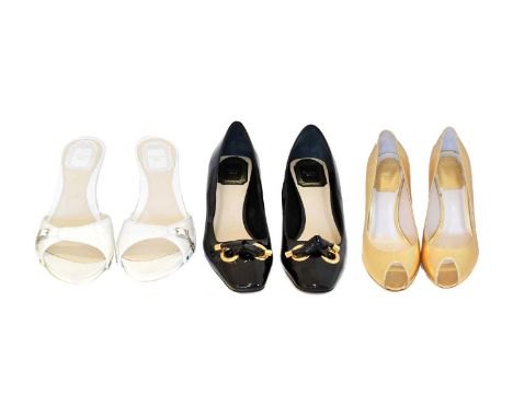 Three pairs of Christian Dior heels, Three pairs of Christian Dior heels, to include a pair of white 'Lady Dior' kitten heels