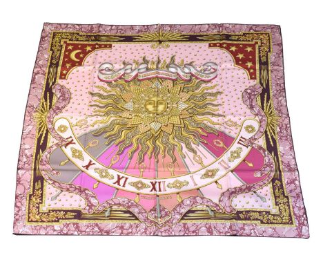 A Hermès "Gloria Soli" silk scarf by Joachim Metz,  A Hermès "Gloria Soli" silk scarf by Joachim Metz, the pink, burgundy and