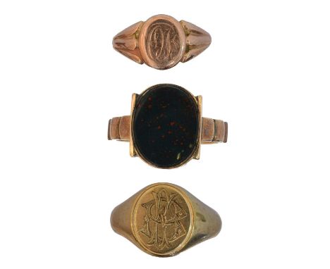 Three 9ct gold signet rings, Three 9ct gold signet rings, one set with bloodstone, ring sizes O1/2, Q and V1/2, gross weight 