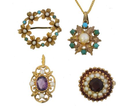 A selection of jewellery, A selection of jewellery, to include a turquoise and seed pearl brooch stamped 15c, a 9ct gold amet