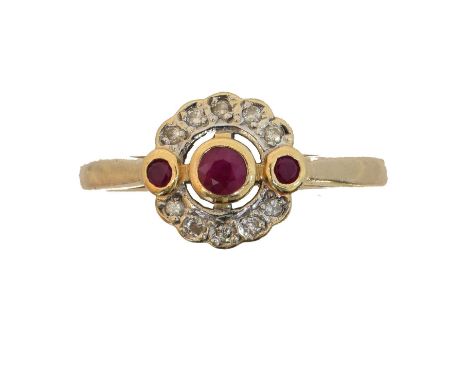 A 14ct gold ruby and diamond dress ring, A 14ct gold ruby and diamond dress ring, the circular shape ruby trio within a singl