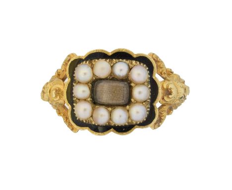 A William IV 18ct gold mourning ring,  A William IV 18ct gold mourning ring, the vacant glazed panel within a split pearl and