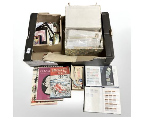 A box of quantity of loose stamps, vintage stamp album, stamp catalogue books, postcards and antique correspondence letters 