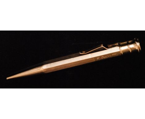 A 9ct engine turned propelling pencil, stamped together with a white metal RHS medal, and another hallmarked silver example B