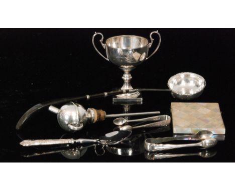 A 19th Century silver Toddy ladle with inset George II shilling dated 1736 with a small twin handled trophy, sugar tongs, a m