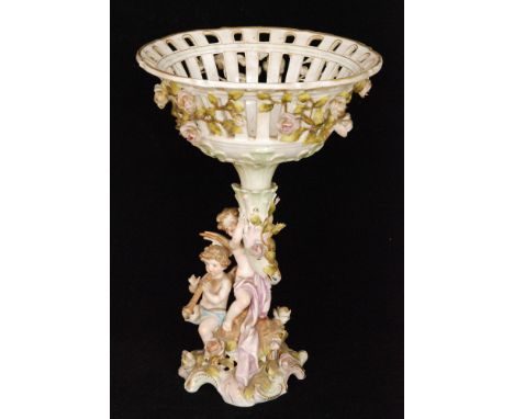 A late 19th Century Sitzendorf floral encrusted pedestal fruit basket with cherubs playing musical instruments, height 37cm, 