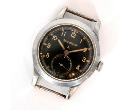 A World War II military issue Jaeger LeCoultre manual wind military wristwatch, MK10 black circular dial marked with cream Ar