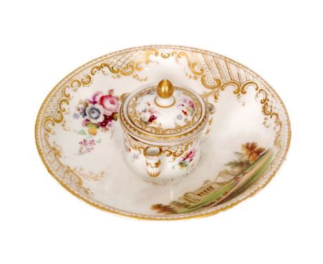 A mid 19th Century inkwell decorated by Sparks of Worcester, the circular shallow dish with a central inkwell and cover decor