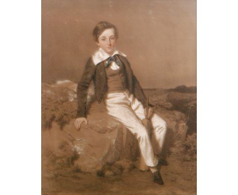 MID 19TH CENTURY FRENCH SCHOOL - Portrait of a young man sitting in a landscape, pastel drawing on buff paper, signed indisti