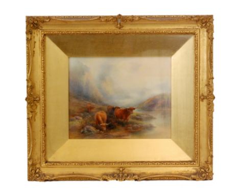 A framed rectangular Royal Worcester porcelain panel decorated by J. Stinton with Highland cattle on a mossy bank with mounta