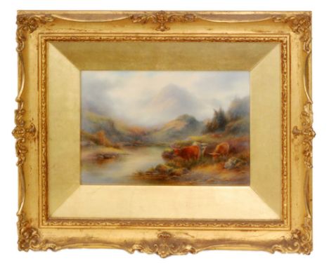 A framed rectangular Royal Worcester porcelain panel decorated by J. Stinton with Highland cattle on a mossy bank with mounta