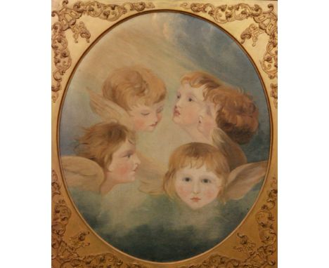 EMILY HODGETTS (AFTER SIR JOSHUA REYNOLDS) -'A child's portrait in different views - Angel Heads', oil on canvas, oval, frame