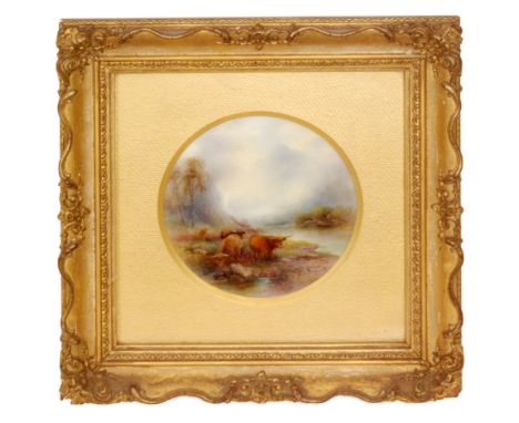 A framed Royal Worcester circular porcelain panel decorated by J. Stinton with hand painted Highland cattle at the mossy bank
