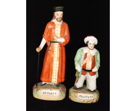 Two 19th Century Staffordshire portrait figures, the first of Shylock stood in an orange robe, the second of Falstaff, both t