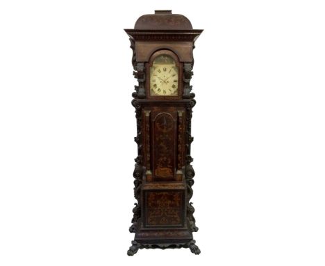 A 19th Century longcase clock of large proportions, the later associated eight day striking movement and painted dial enclose