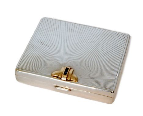 An Art Deco Tiffany and Co. Sterling silver cigarette case of square outline, the lid with 14ct thumb piece channel set with 