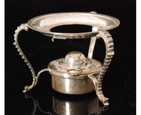 A late Victorian hallmarked silver kettle stand and oil burner, the circular stand with egg and dart border decoration, three