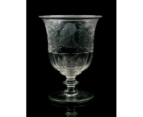 An early 19th Century Rummer, ovoid bowl with everted rim and slice cut base engraved with a portrait of the Duke of Wellingt