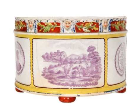 An early 19th Century pearlware semi-circular footed planter decorated with three mauve transfer printed cartouche panels, th