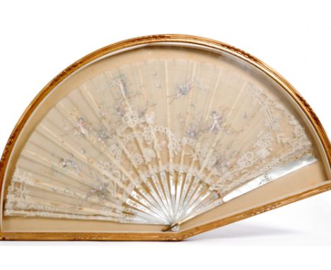 A 19th Century painted lace fan decorated with cherubs in flight and playing musical instruments, signed S Dtino, mother of p
