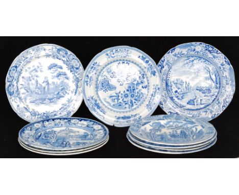 A collection of ten assorted 19th and early 20th Century Staffordshire blue and white transfer decorated plates to include a 