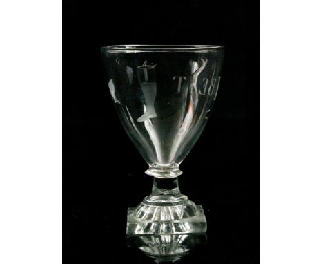 An early 19th Century Rummer circa 1800, tapered cup form bowl engraved with I. Best with a healed shoe and boot opposing, ra