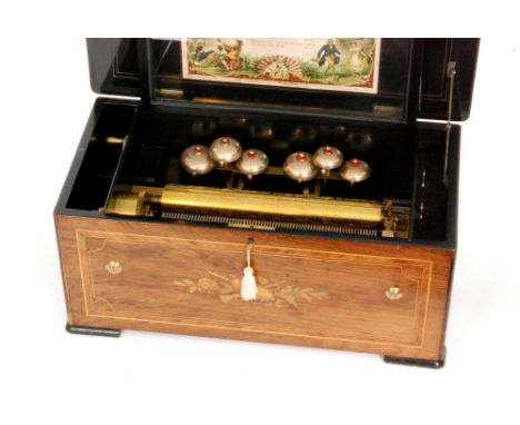 A bells in view musical box playing ten airs with tune card, cylinder 33cm in crossbanded rosewood case inlaid with musical i