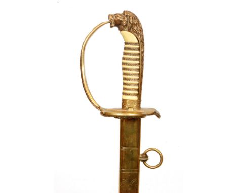 A 19th Century German naval short sword with lion mask pommel and D shaped guard, the 69.5cm blade stamped F W Holler Solinge