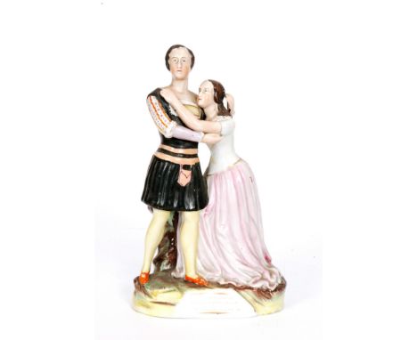 A 19th Century Staffordshire figure modelled as Susan and Charlotte Cushman playing Romeo and Juliet with printed verse to th