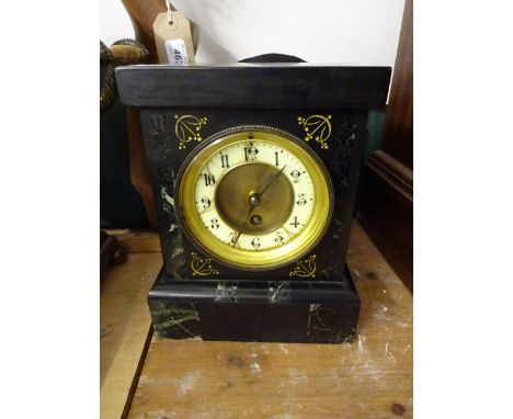 SLATE KEY WIND MANTLE CLOCK WITH ENAMEL FACE AND MARBLED DETAILING WITH PENDULUM