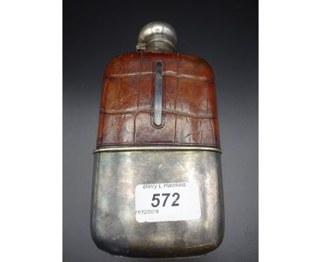 ALLEN STRAND WHITE METAL AND LEATHER HIP FLASK