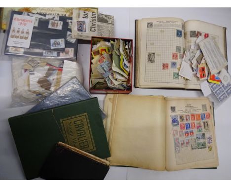 LARGE QUANTITY OF STAMPS LOOSE AND ALBUMS FROM AROUND THE WORLD PLUS LARGE EMPTY STORAGE FOLDER AND HISTORICAL PRINTS
