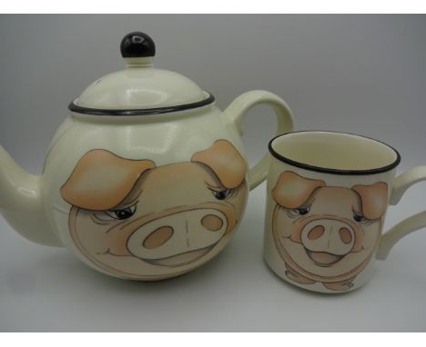 NOVELTY ARTHUR WOOD PIG THEMED TEA SET FOR 3