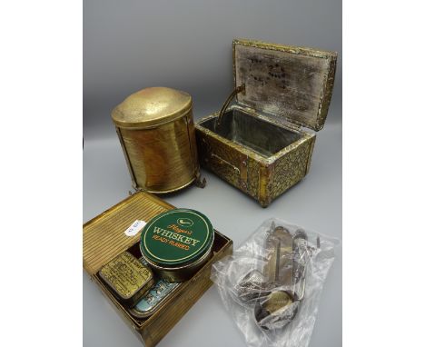MIXED LOT INCLUDING BRASS TOBACCO TINS, TEA CADDY, BEAN SLICER, PLATEWARE, SCALES ETC