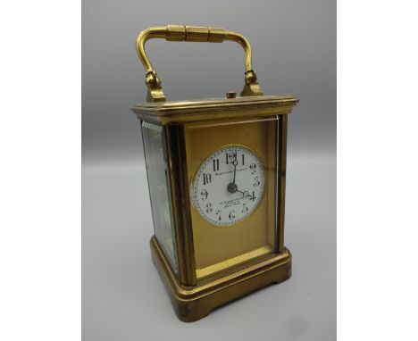 GOLDSMITHS COMPANY OF REGENT STREET LONDON, PARIS MADE KEY WIND CARRIAGE CLOCK IN NLEATHER CASE WITH KEY