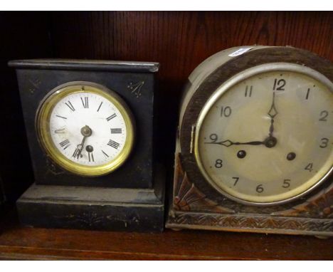SLATE KEY WIND MANTLE CLOCK PLUS ONE OTHER WOODEN KEY WIND MANTLE CLOCK WITH PENDULUM