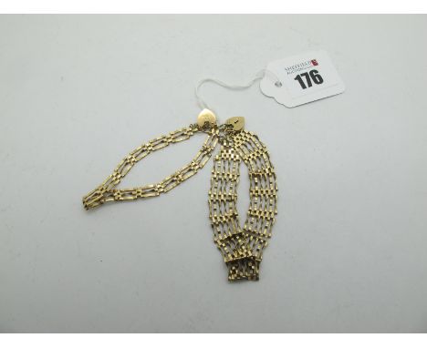 A 9ct Gold Gate Style Bracelet, of openwork design,to 9ct gold heart shape padlock clasp, and another, stamped "375" (total w