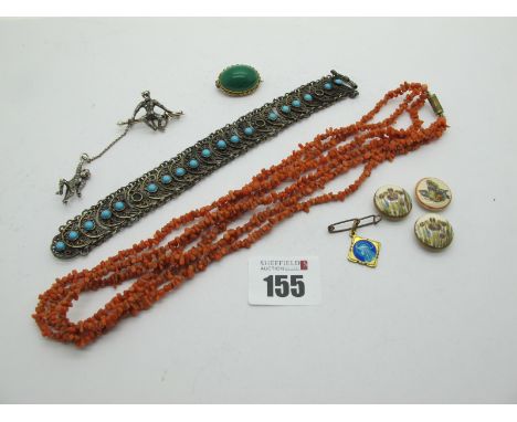 Three Japanese Satsuma Wear Pottery Buttons, a three strand coral coloured twig style necklace, a novelty two monkey bar broo