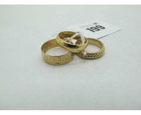 Two 9ct Gold Patterned Wedding Bands, and a 9ct gold plain wedding band (finger sizes K,L.P) (total weight 9.5 grams).