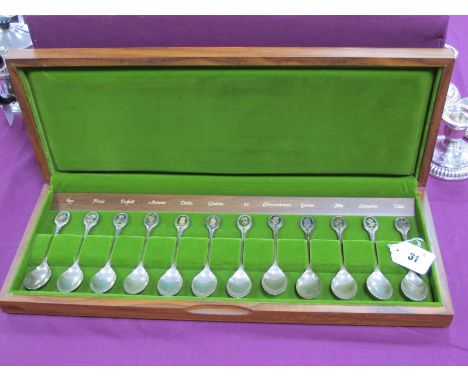 The Royal Horticultural Society: A Cased Set of Twelve Hallmarked Silver Spoons, JP, Sheffield,1975, each spoon with floral i