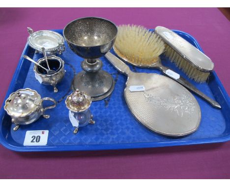 A Hallmarked Silver Three Piece Dressing Table Set, engine turned, with floral detail, a hallmarked silver goblet, a hallmark