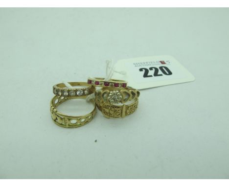 Five 9ct Gold Rings, including Buckle, Claddagh style, alternate inset half eternity style, another similar and an illusion s