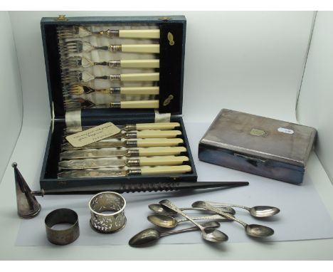 Five Hallmarked Silver Spoons, engine turned, initialled and another (total weight 70 grams), a hallmarked silver napkin ring