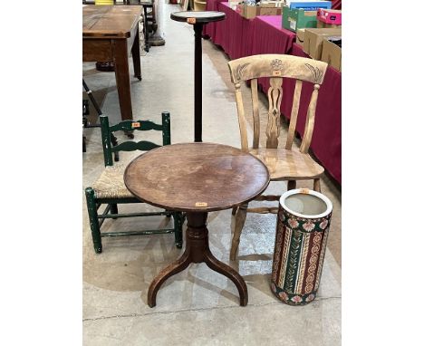 A mahogany tripod table; a jardiniere stand; an umberella stand, and two chairs (5)