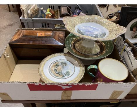 Three Prattware comports; a 19th century mug and a rosewood sarcophagus tea caddy